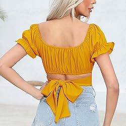 COOUFE Women's Crop Tops Ruffle Short Sleeve Tie