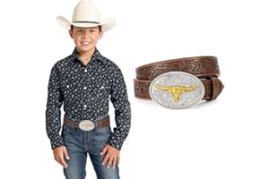 JKEEMI Kids Western Belt for Boys Girls, Embossed Genuine Leather Cowboy Cowgirl Belt for Jeans Pant Dresses Gift