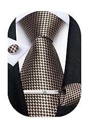 DiBanGu Formal Brown Plaid Tie and Pocket Square