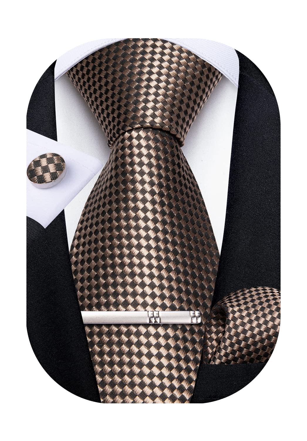 DiBanGu Formal Brown Plaid Tie and Pocket Square