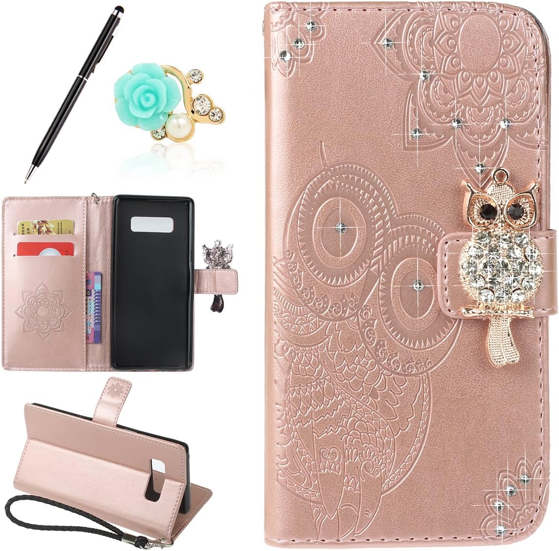 Uposao PU Leather Case Cover for Samsung Galaxy Note8 Case Cover Bling Diamond Print Owl Totem Pattern Magnetic Flip Case Cover Wallet Flip case Leather case Book Type Wallet Back Cover Case with Stylus Pen – Blue Flower Dust Plug