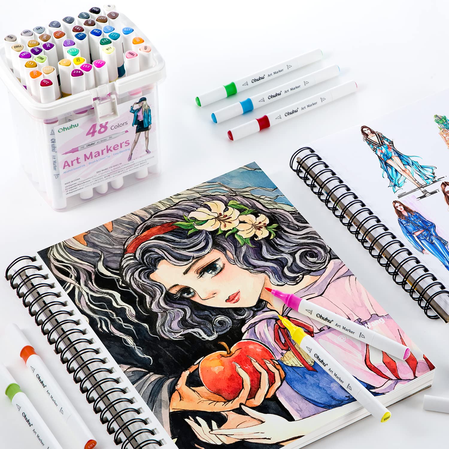 Ohuhu Fineliner Pens 9 Pack Black Ink Quick-drying Alcohol Markers Brush& Chisel Tips 48 Colors