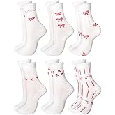 Fourluoo 6 Pairs Coquette Pink Bow Ruffled Ankle Socks for Women Cute Breathable Thin Cool Frilly Socks