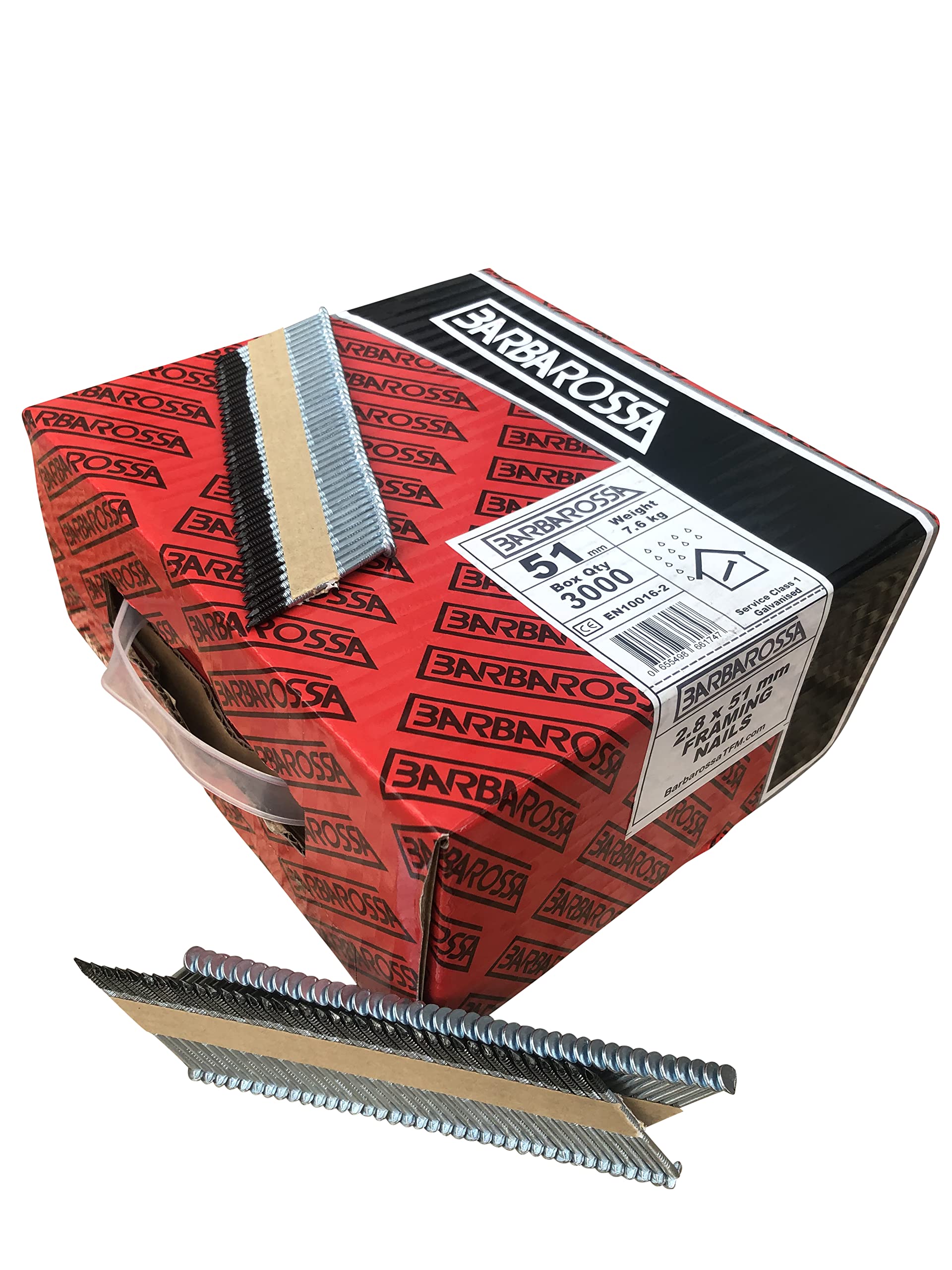 Barbarossa 1st Fix (51mm - 90mm) Galvanised collated framing Nails for Cordless nailers (51mm - 2" (3000) Ring)
