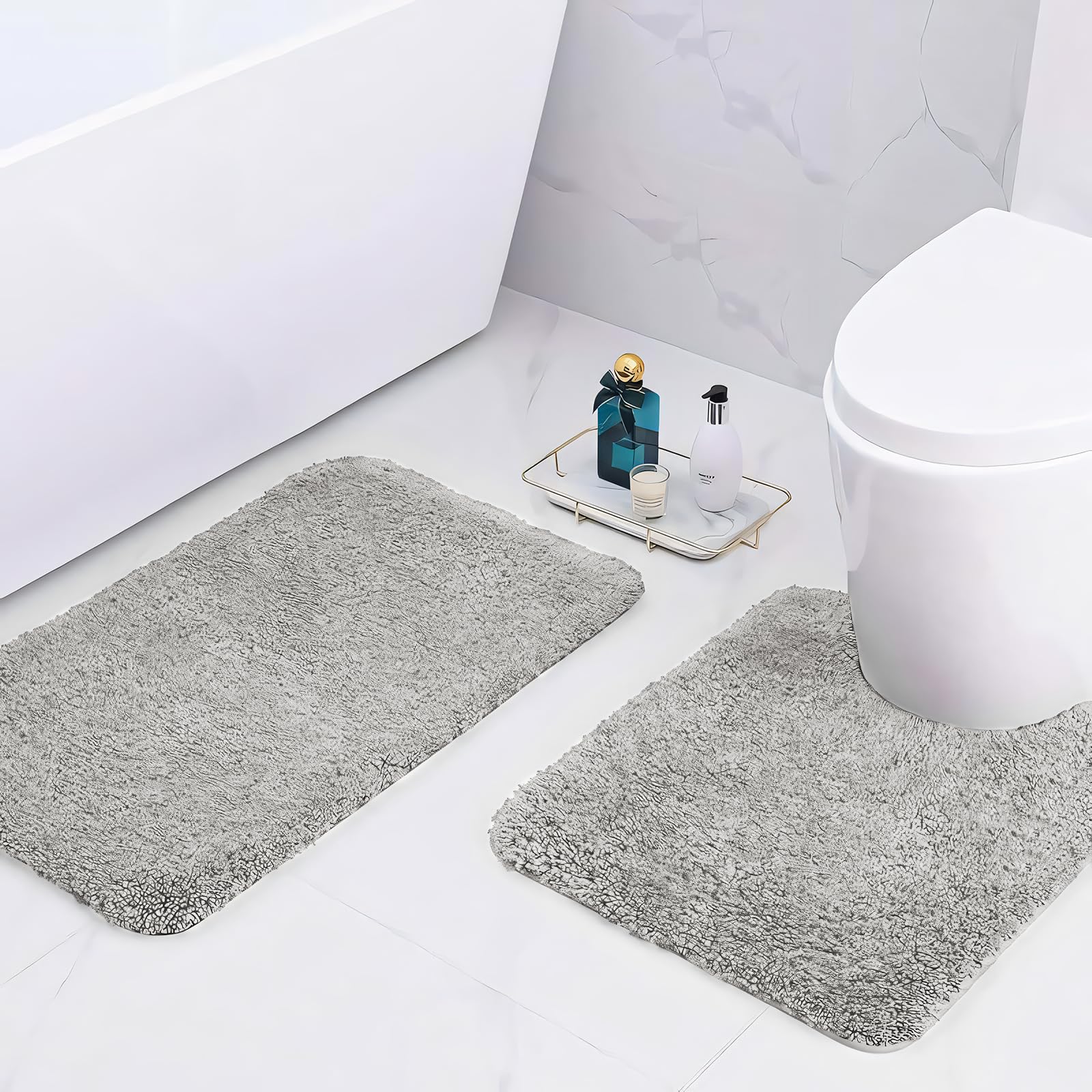 wyewye Microfibre Bath Mats, 2cm Super Thick Bath Rugs, Super Absorbent Bathroom Rugs 50x80cm and 50x50cm U-shape, Light Grey
