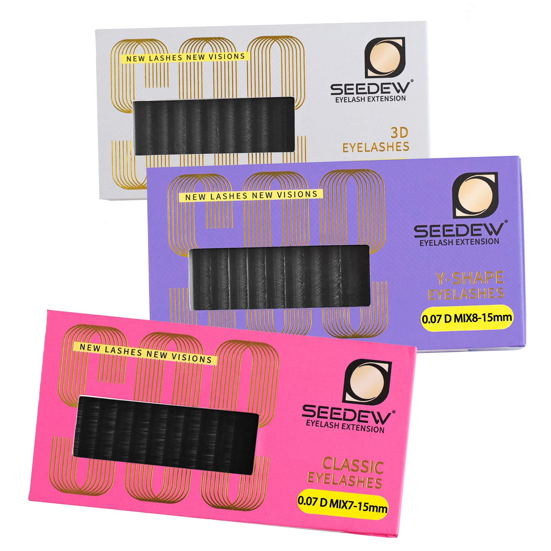 SEEDEW Eyelash Extensions Set, 3 Pieces Individual Hybrid Volume Premade Lashes, (Classic + YY Lashes + W-3D Lashes) 0.07 D Mix Black, for Practice, Cost-Effective, Beginner Lash Artists Friendly