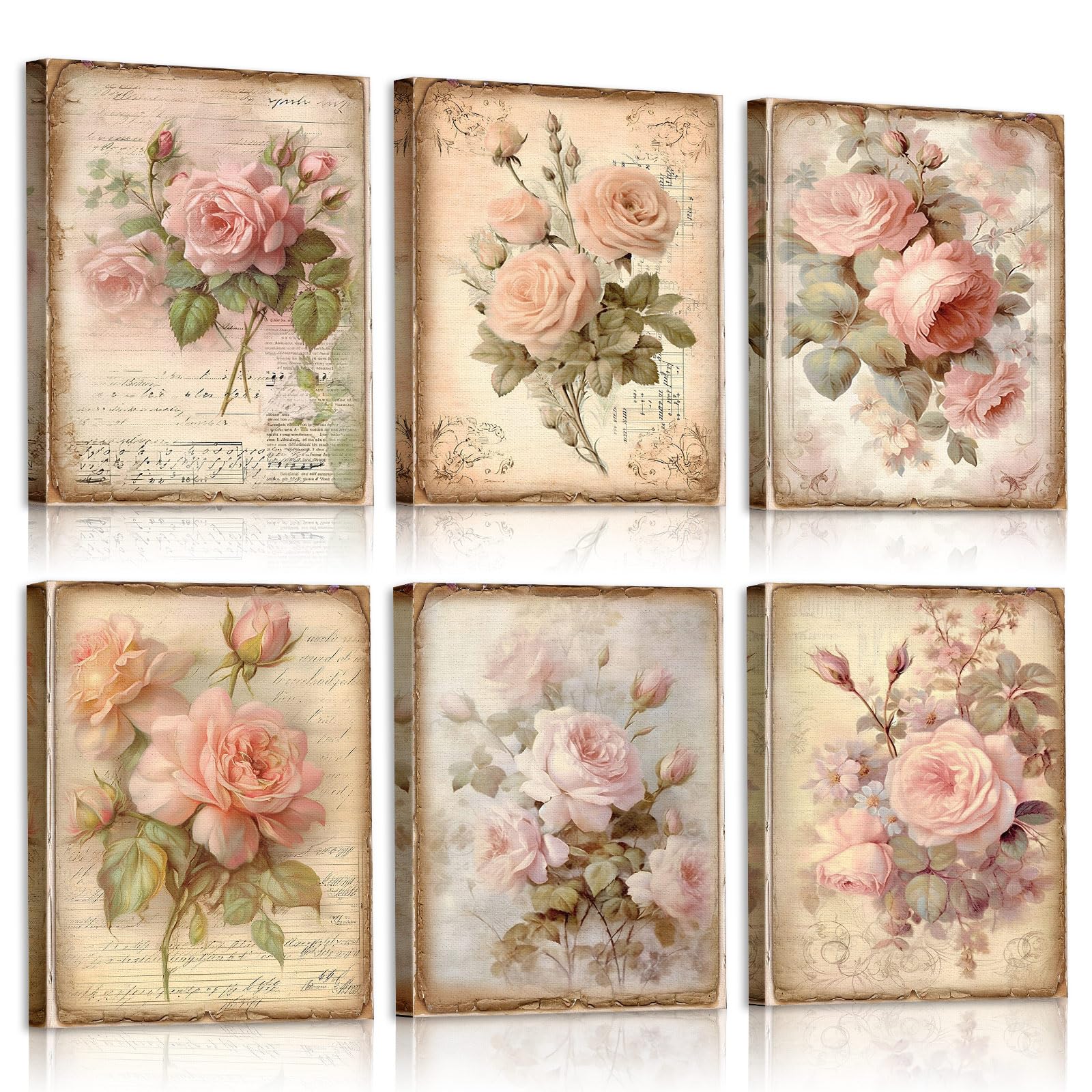 Photo 1 of Vercraft 6 Pcs Framed Vintage Flowers Canvas Wall Art Pink Rose Wall Decor Retro Floral Pictures Farmhouses Decor for Home Office Bedroom Plant Printing Painting, 8 x 10 Inch
