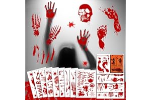 HUISUYTON 135PCS Halloween Window Cling Stickers Halloween Bloody Stickers 13 Sheets Bloody Handprint Footprint Wall Decal Floor Clings Stickers Removable for Halloween Decorations Inside/Outside