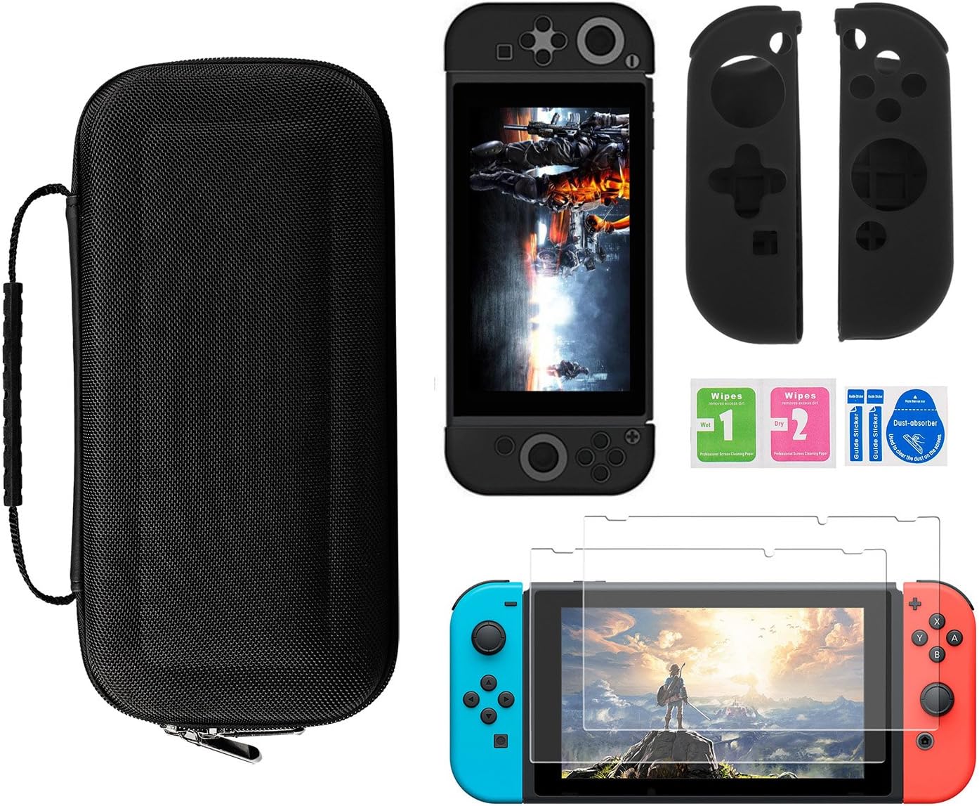 3IN1 Nintendo Switch Cases + Joy-Con Silicone Gel Guards Case + 2PCS Screen Protectors for Nintendo Switch Luxury Protection Kits (3 IN 1 KITS)