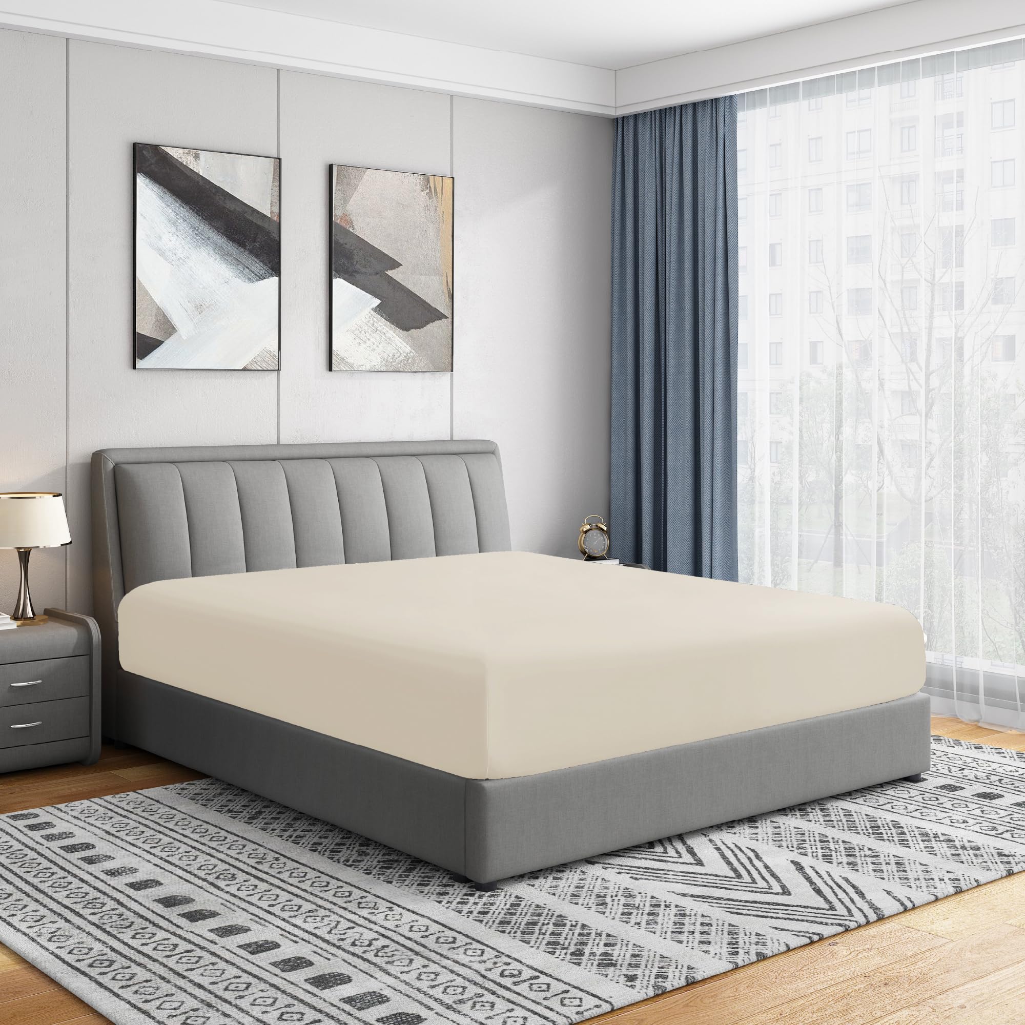 Cathay Home Luxury Wrinkle and Fade Resistant Double Brushed Ultra Soft Microfiber 14-Inch Standard Pocket Single Fitted Sheet, Coconut Milk, Queen