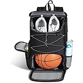MoKo Basketball Bag Backpack, Soccer Backpack with Separate Shoe and Ball Comparment, Large Sports Equipment Bag with Hidden Hook & Charging Port for Basketball, Soccer, Volleyball Training, Black