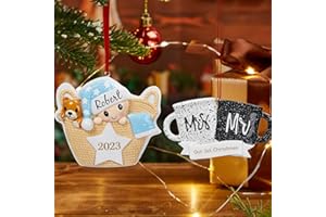 FLYCALF Personalized Christmas Ornament Set 2023 Pendant Blue Mr & Mrs Newlyweds Couple Gift 2 Pack Resin Set Engraved Xmas Tree Home Decor Creative XMAS