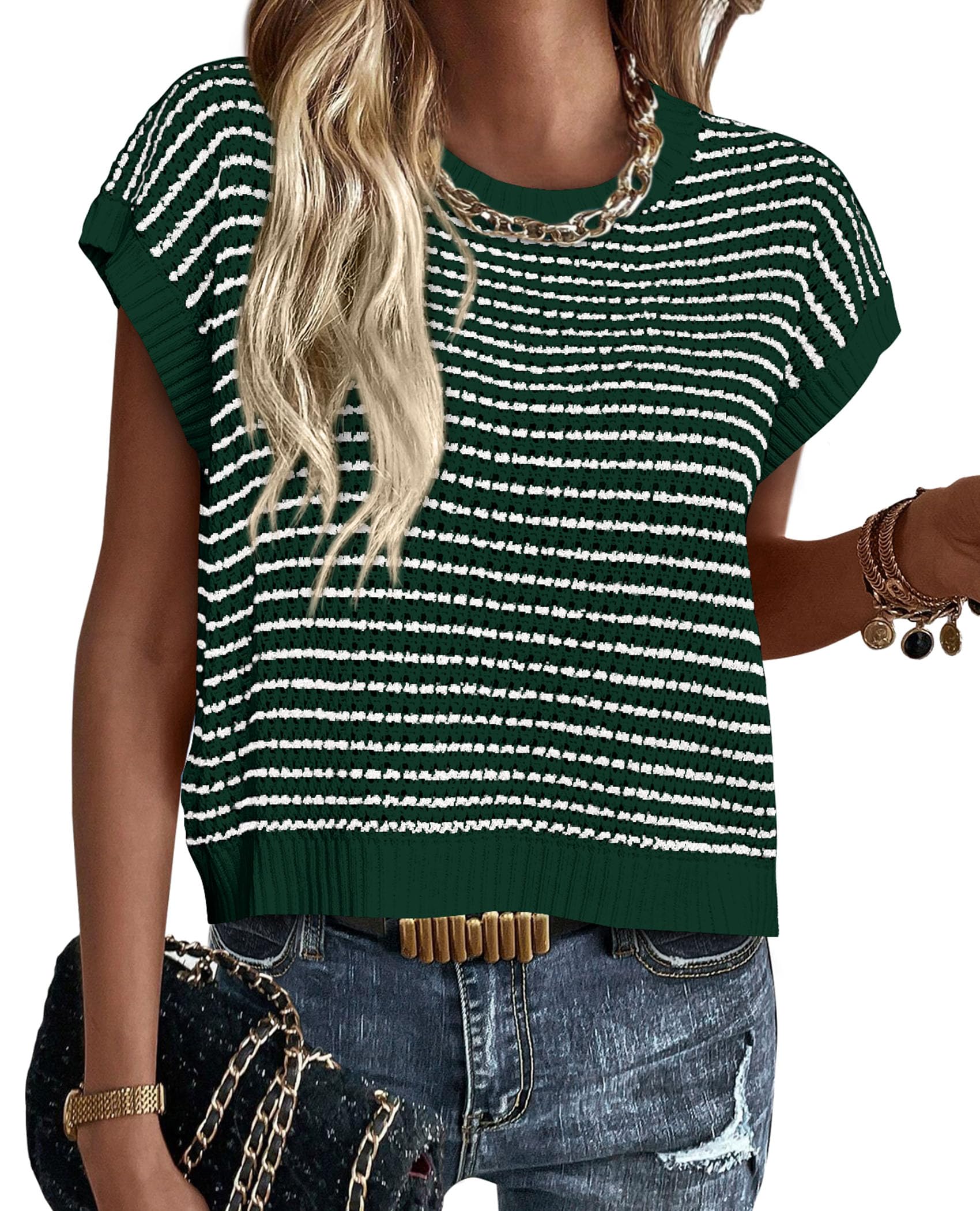 PRETTYGARDEN Womens Short Sleeve Sweater Spring Summer 2026 Round Neck Striped Pullover Cap Sleeve Knit Sweater Vest Tops(Dark Green,XX-Large) Image