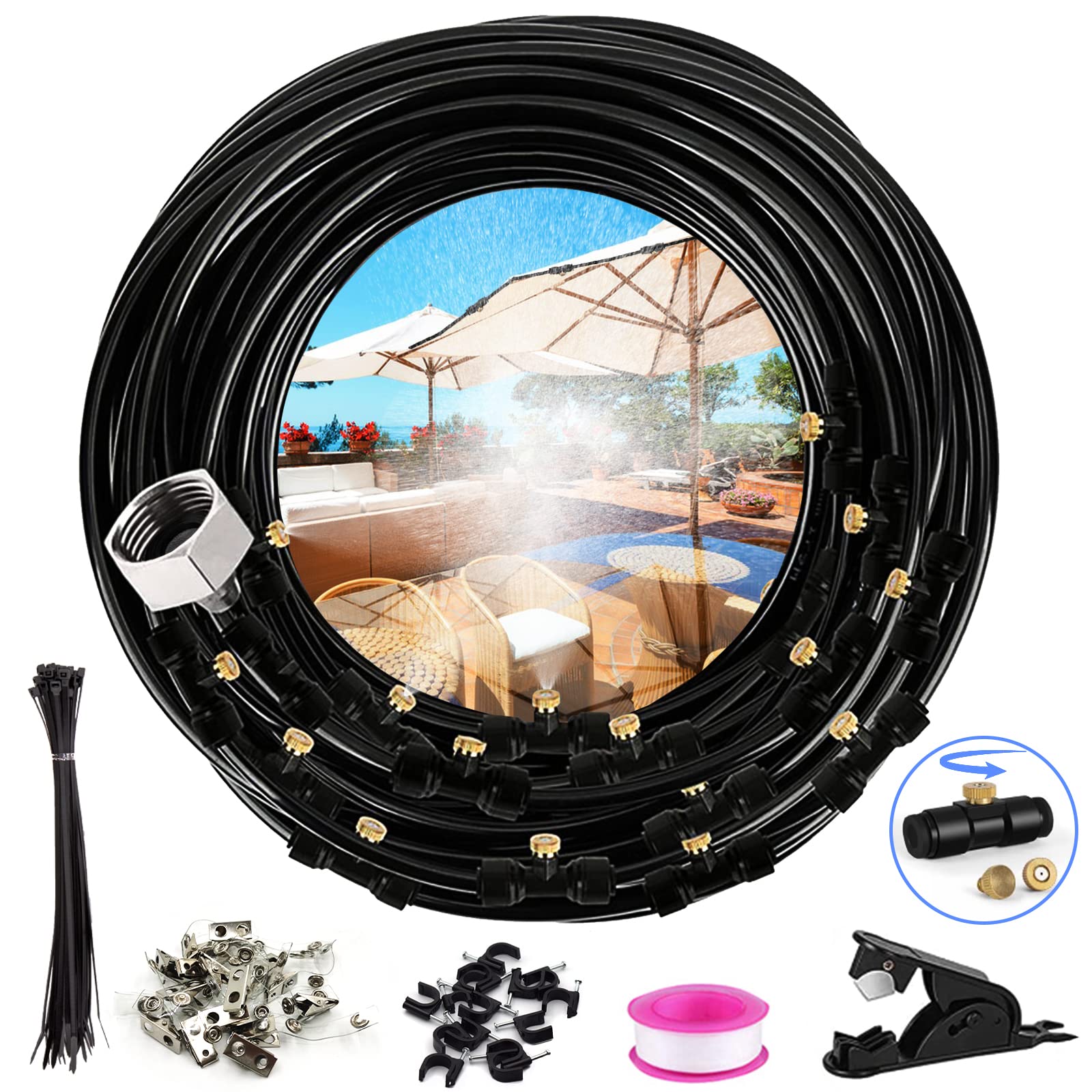 Photo 1 of Misters for Outside Patio, Outdoor Misting Cooling System, 50Ft(15M) Misting Line+18 Brass Mist Nozzles, Outdoor Water Misting System for Patio, Garden, Waterpark, Greenhouse, Backyard, Fan, Umbrella