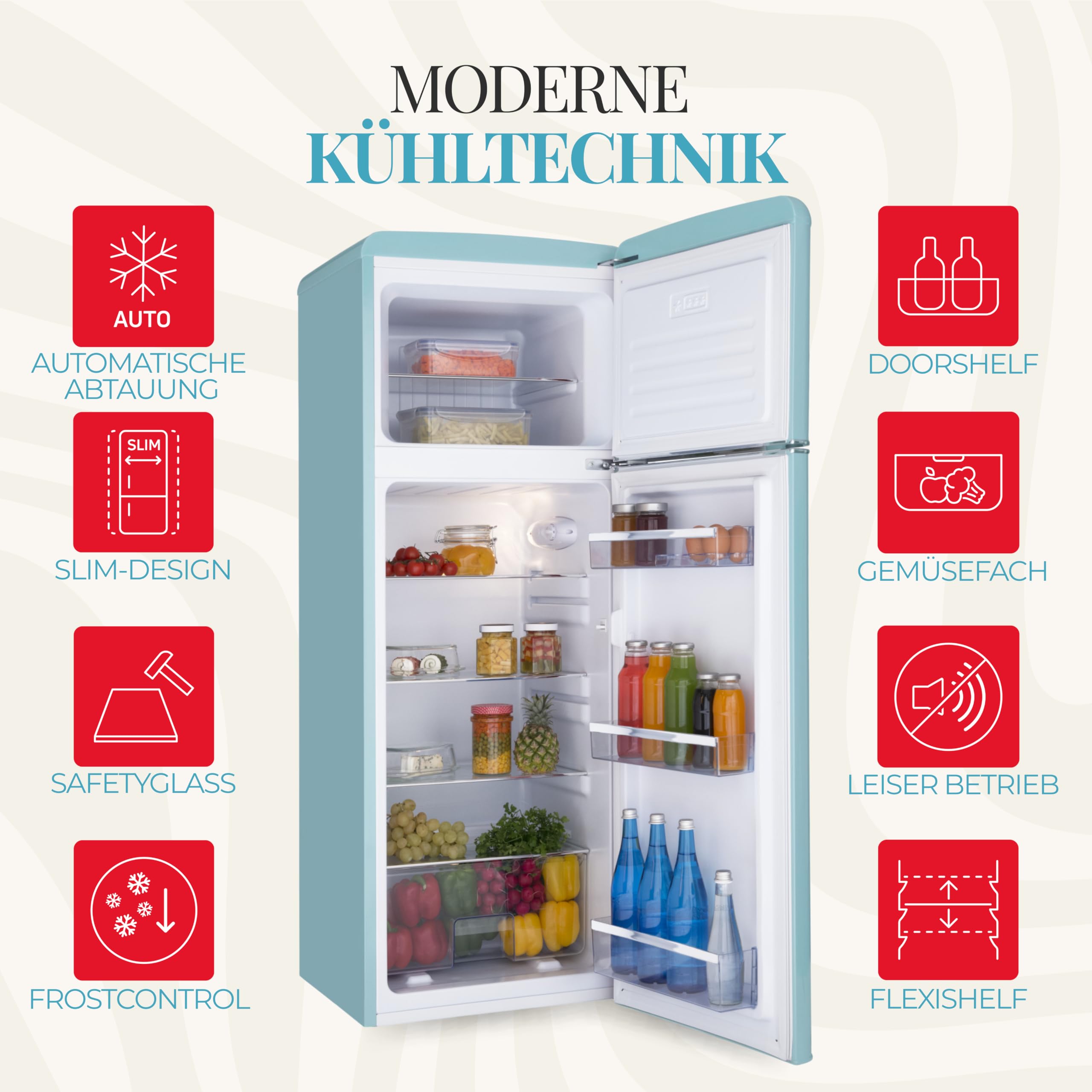 Amica Retro Kühl‑Gefrierkombination freistehend 206 l FrostControl LED Beleuchtung Retro-Design 144 x 55 x 62 cm – Kühlschrank Türkisblau 5