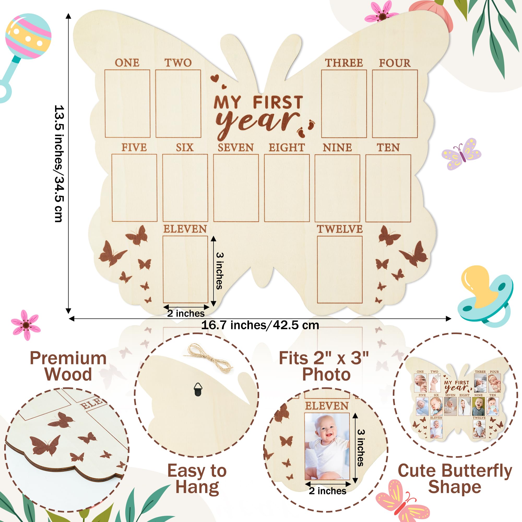 R HORSE My First Year Photo Display Wood Board, Butterfly Shape 1st Birthday Photo Frame, Baby’s First Year Picture Frame, 12 Months Milestone Board Baby Keepsake Board Nursery Decor Gift for Boy Girl