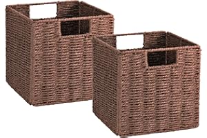Vagusicc Wicker Storage Baskets, Set of 2 Hand-Woven Storage Baskets for Shelves with Handles, Foldable Cube Storage Baskets Bins Organizer 13 inch Large Wicker Baskets for Pantry Bedroom Decor, Brown