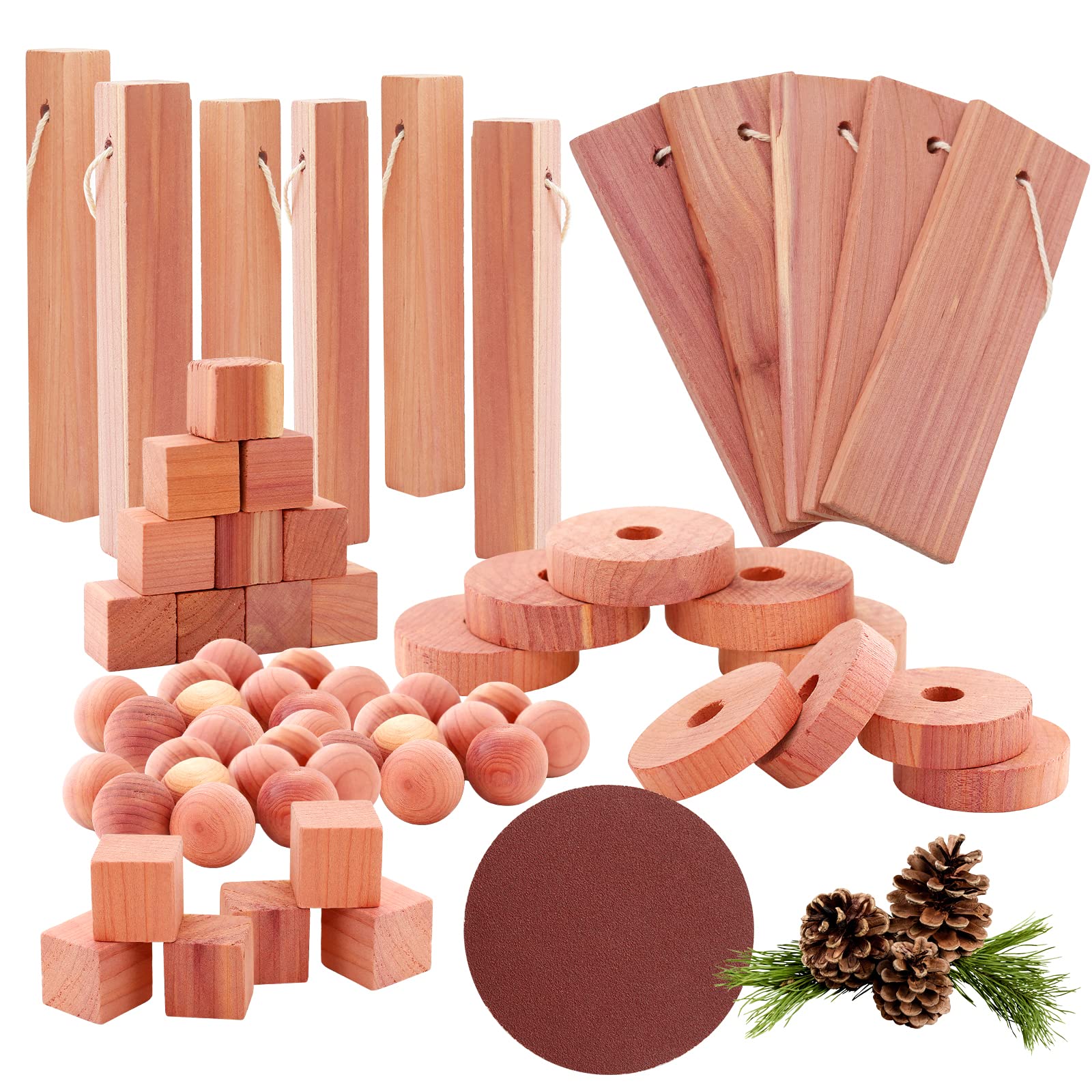Yizhet Cedarwood Moth Repellent, 51 PCs Cedarwood Blocks, Balls, Discs, Rings, Natural Cedar Moth Repellent for Wardrobes, Drawers, Clothes Storage