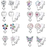 FASACCO 8-10Pairs Clip on Earrings for Women Girls Colorful Crystal Non-Piercied Earrings Cute Flower Heart Butterfly Pearl Clip-on Earrings Over 3 Years Old