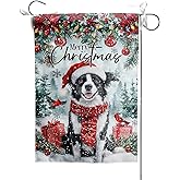 Winter Border Collie Garden Flag 12x18 Inch, Merry Christmas Cute Dog Santa Hat Decorative Yard Flag Double Sided Vertical Banner for Farmhouse Home Outside Lawn Porch Decor