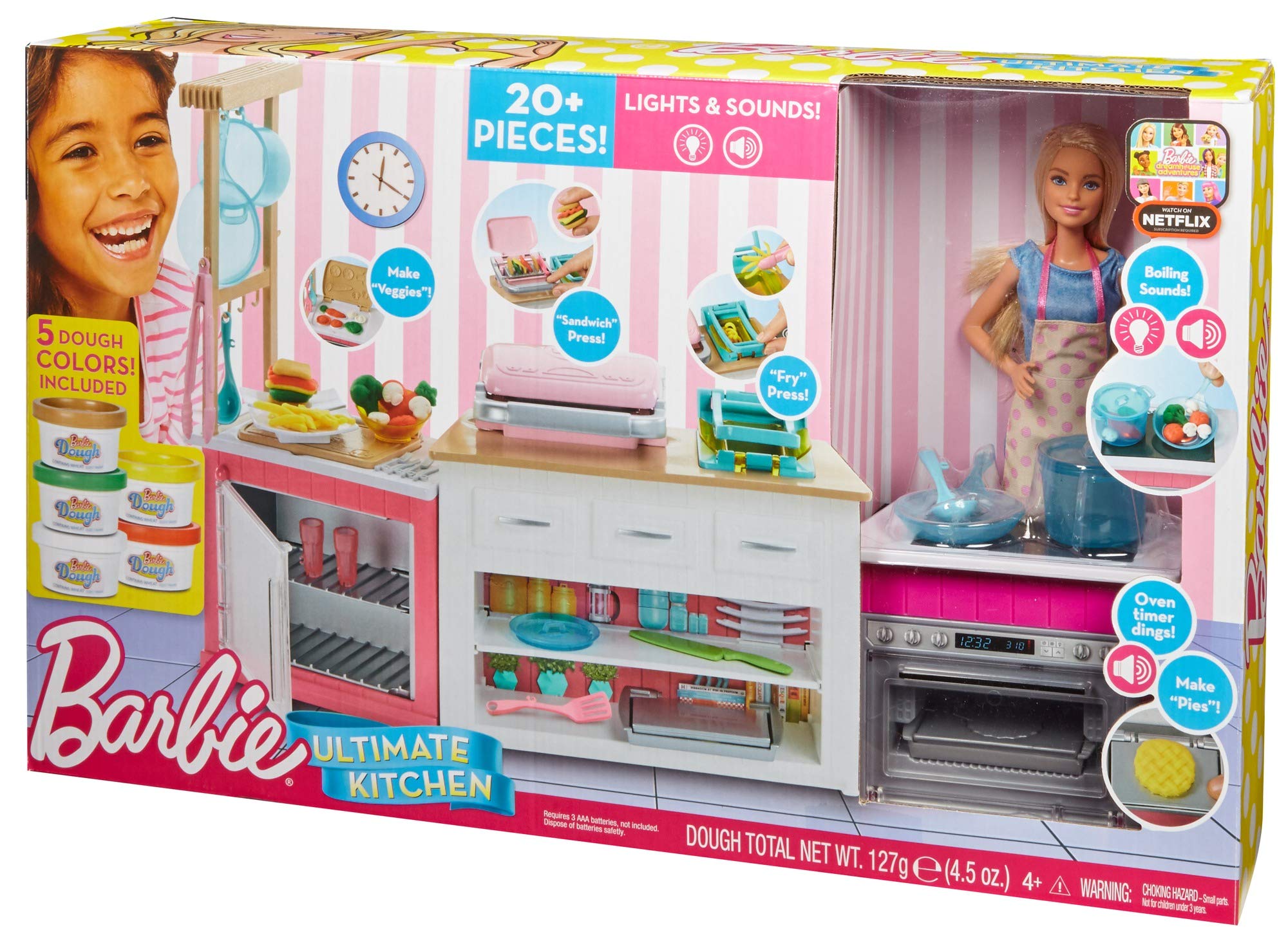 Barbie Kitchen Playset with Doll, Lights & Sounds, Food Molds, 5 Dough Colors and 20+ Accessories - Image 7