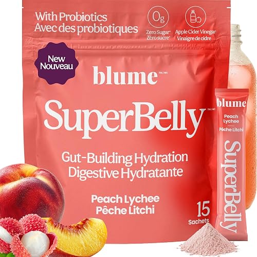 NEW Blume SuperBelly Gut Health + Hydration, Daily Sugar Free Probiotics, Inulin Fiber, and Hydrating Minerals Powder Packets for Digestion Support - Peach Lychee, 15 Sticks