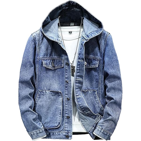 DGKaxiyaHM Men's Hooded Windproof Denim Jacket Distressed Vintage