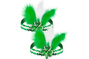 Wittocs 2 Pack St Patrick's Day Shamrock Sequin Elastic Stretchy Headband with Feathers Clover for Irish Women Girls Kids Roaring 20s Great Gatsby 1920s Carnival Party Headwear Flapper Headpiece