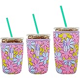 HEYSKAY Insulated Coffee Cup Sleeves Reusable Neoprene Iced Coffee Sleeve for Hot Cold Drinks Beverage Cooler Sleeve Coffee Koozies 16-32OZ for Starbucks Dunkin Coffee and More(Pink Purple Flower)