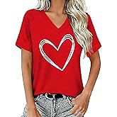 FlowFem Valentines Shirts for Women Valentines Day V-Neck T-Shirt Heart Tee Tops