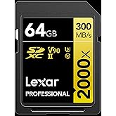 Lexar Professional 2000x 64GB SDXC UHS-II Card, Up to 300MB/s Read, for DSLR, Cinema-Quality Video Cameras (LSD2000064G-BNNNU