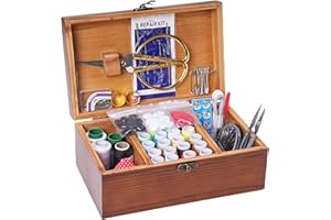 VEAPILS Wooden Sewing Kit Box, Wooden Sewing Box with Sew Kit Accessories, Sewing Repair Kit Sewing Basket, Basic Sewing Kit for Adults, Beginner Universal Home Sewing Repair Tool Kit - Vintage Sewing Set