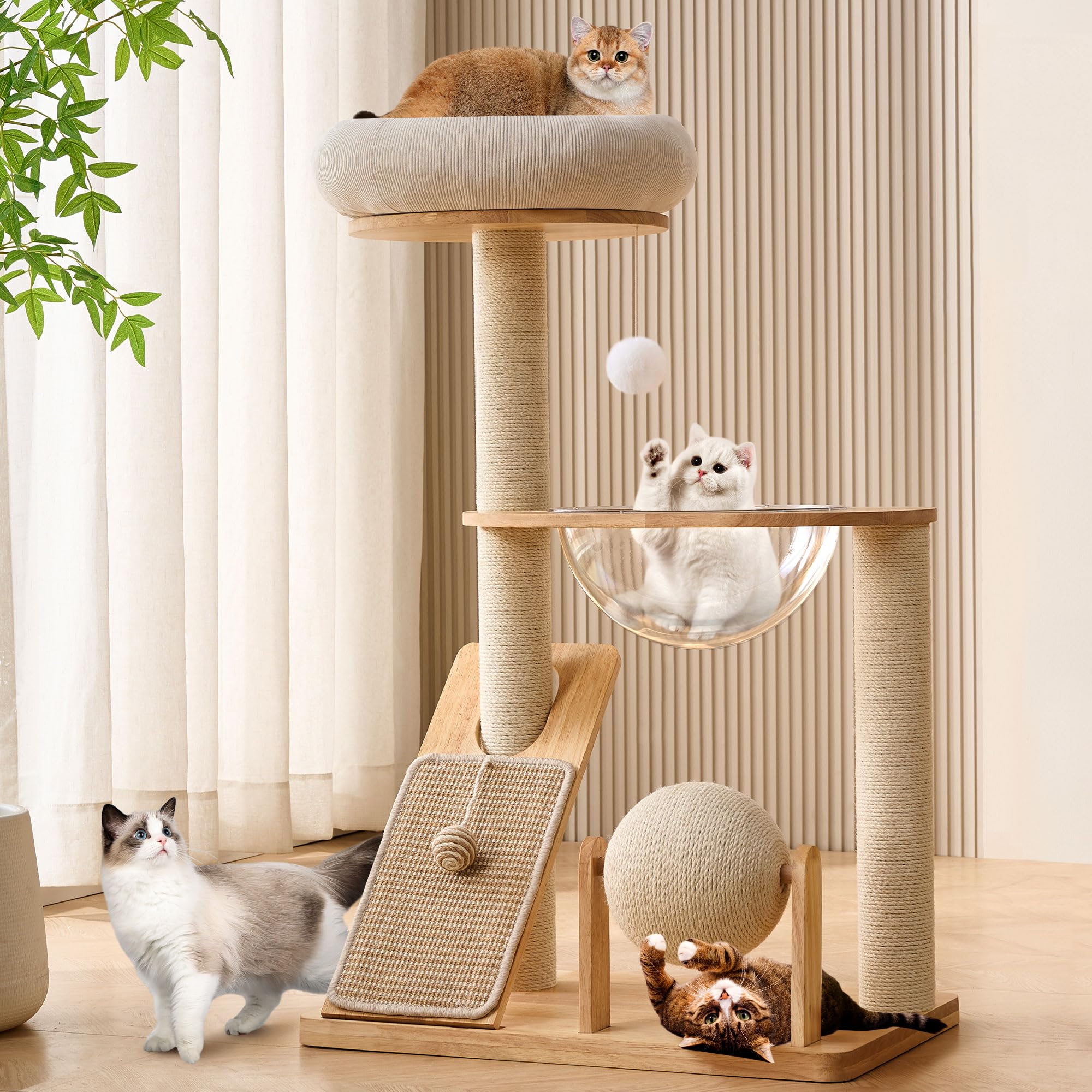 Photo 1 of **s used; it's unknown if it's missing parts and if it works 100%.**HITTITE Solid Wood Cat Tree Tower with Scratching Post, 37.8 Inches Tall Cat Towers with Scratching Board and Scratcher Ball, Modern Cat Tower With Space Capsule and Removable Top Bed for