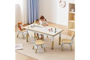 GITAWUSA Kids Study Table and Chairs Set, Height Adjustable Toddler Table and Chair Set for Kids Ages 3-8, Graffiti Desktop (Light Brown)