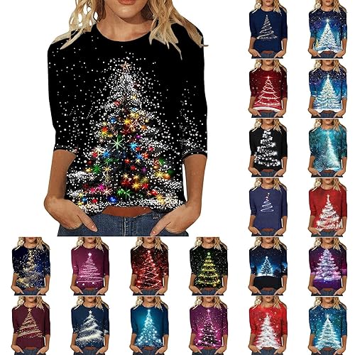 jumpers for women uk, Christmas Jumpers for Women UK, Women's Glitter Xmas Tree Print 3/4 Sleeve Tops Cotton Crewneck Pullover Blouse Casual Tunic T Shirt Ladies Xmas Sweatshirts (Black-a, XL)