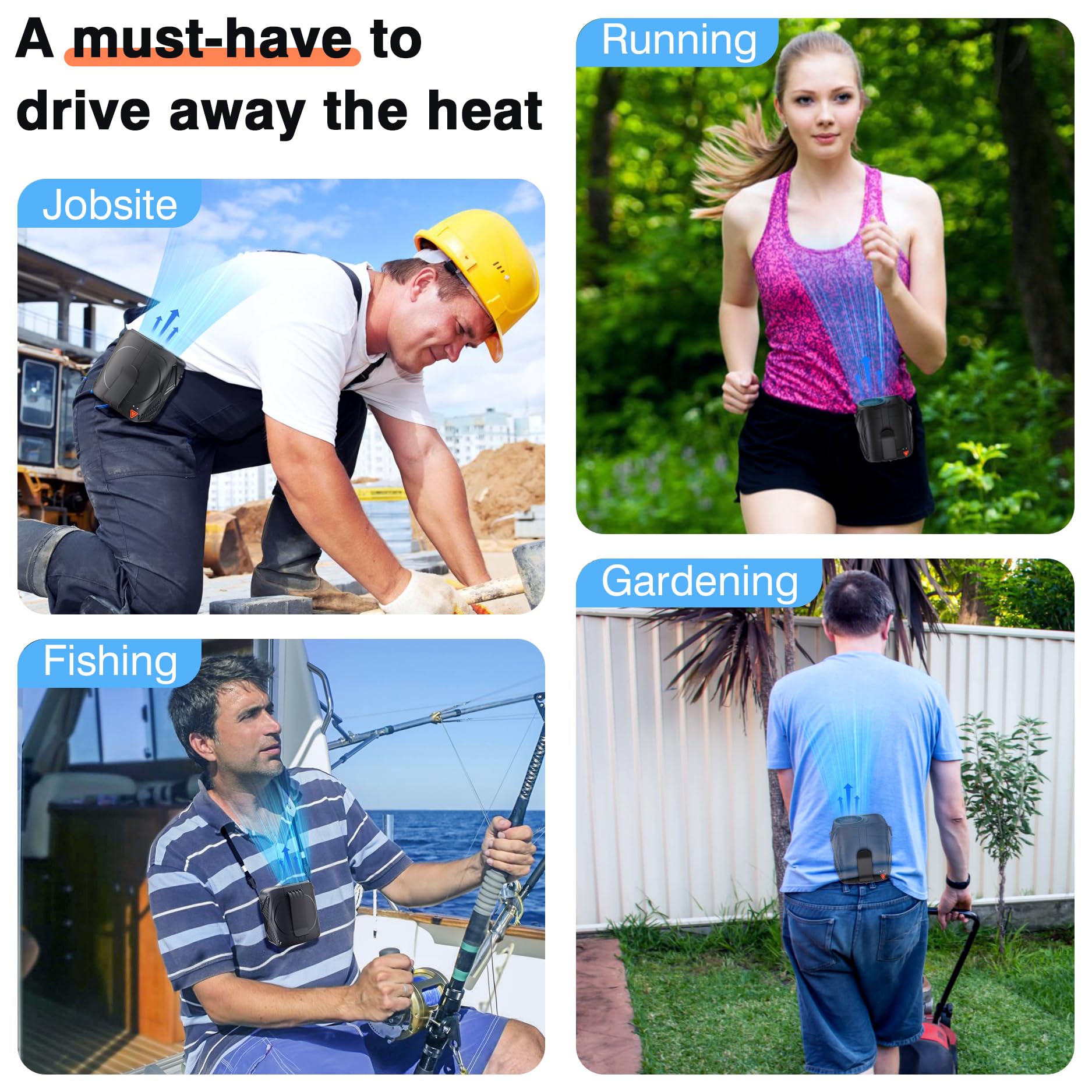 Portable Fan Rechargeable, 6-Speed 14000RPM High-Velocity Airflow, Hands-Free Wearable Waist Fan 31H Battery Life, Personal Belt fan for Outdoor, Jobsite, Travel, Indoor, Hanging Neck Fan with Strap