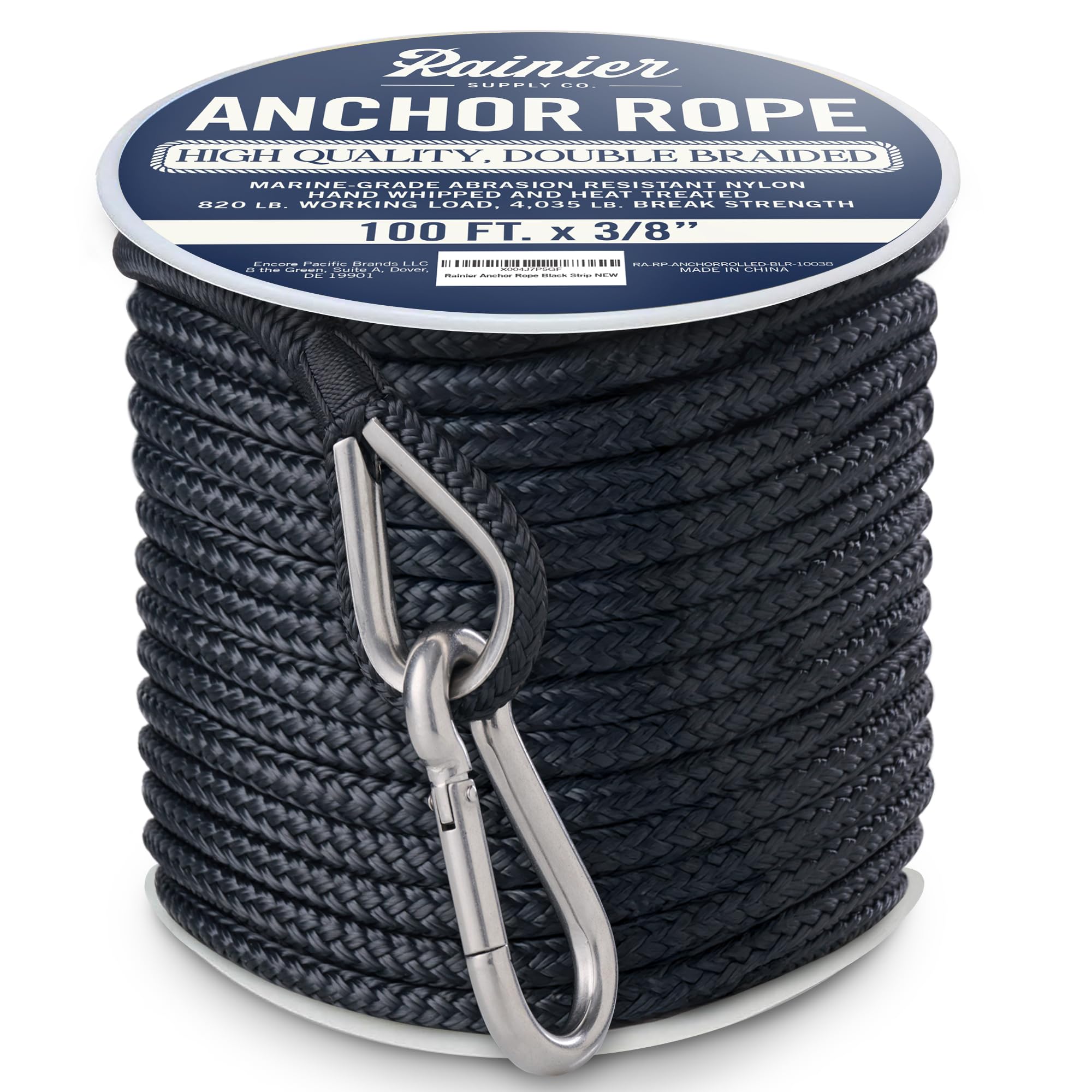 Rainier Supply Co. Boat Anchor Line - 100 ft x 3/8 inch Anchor Rope - Double Braided Nylon Anchor Boat Rope with 316SS Thimble and Heavy Duty Marine Grade Snap Hook - Black