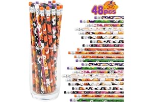 FINGOOO 48 Pieces Halloween Pencils for Kids, Assorted Bulk Halloween Pencils with Erasers in 12 Design No Candy Treats Party Favors Classroom Rewards