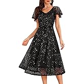 Dressystar 2026 Women's V Neck Lace Sequin Formal Wedding Guest Dress Sparkly Midi A Line Cap Sleeves Cocktail Party Dresses