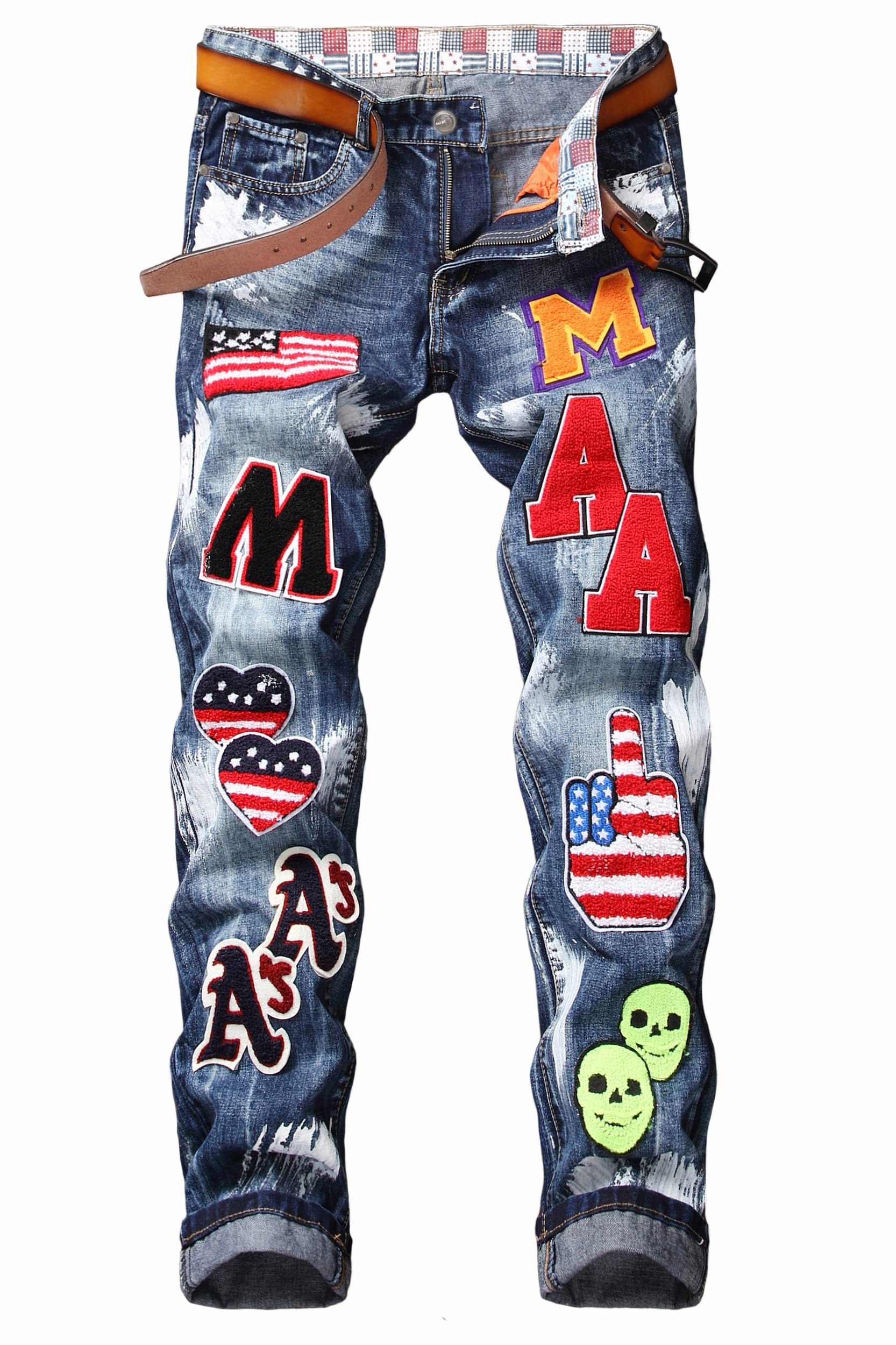 Baylvn Men's Designer Straight Slim Fit Patchwork Jeans Comfort Skinny Biker Denim Pants