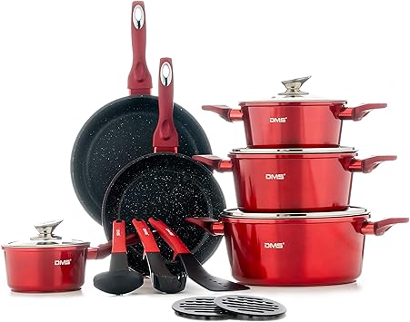 Dms 15 Teilig Induktion Kochgeschirr Kochset Topfe Pfannen Bratpfanne Kasserolle Suppentopf Mit Glasdeckel 3 Kuchenutensilien 2 Topfuntersetzer Marbel Beschichtung Spulmaschinengeeignet Rot Amazon De Kuche Haushalt