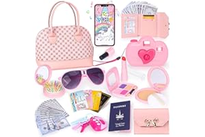 Oisacirg Play Purse for Little Girls, 35PCS Toddler Purse with Pretend Makeup for Toddlers, Princess Toys Includes Handbag, Phone, Wallet, Camera, Keys, Kids Purse Birthday Gift for Girls Age 3 4 5 6+