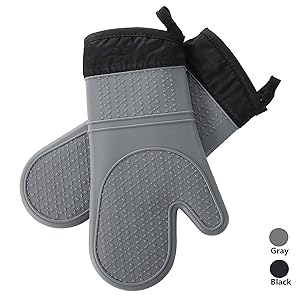 ARCLIBER Silicone Oven Mitts - 1 Pair of Long Oven Gloves with Quilted Liner - Heat Resistant Kitchen Gloves, Professional Food Safe Pot Holder for Cooking Barbecue Baking,Grey