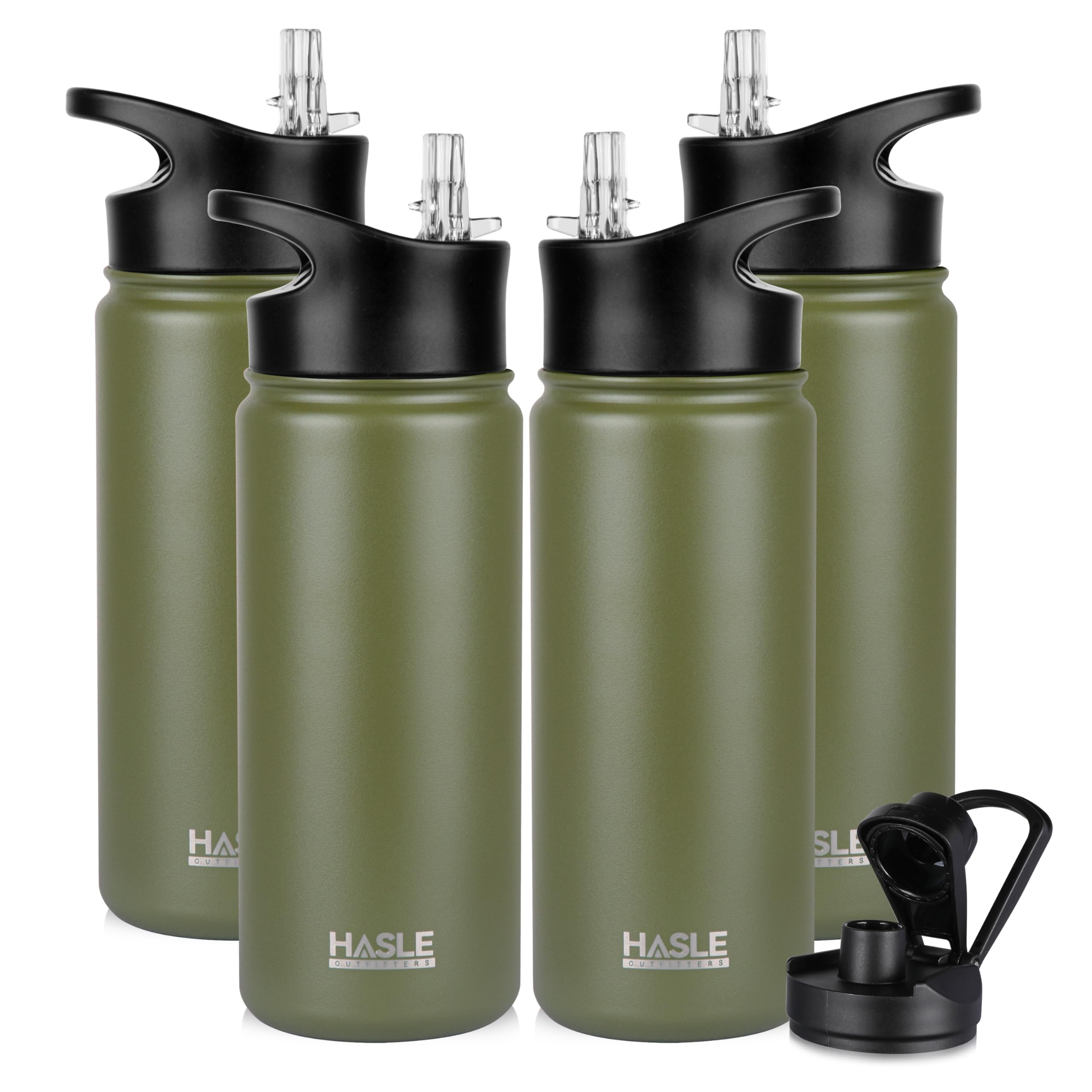 HASLE OUTFITTERS Insulated Water Bottle Kids 16 oz Double Wall Vacuum Stainless Steel Water Bottle Leak Proof for School Wide Mouth with Straw Lid & Spout Lid Keeps Cold and Hot(Army Green,4pack) Image