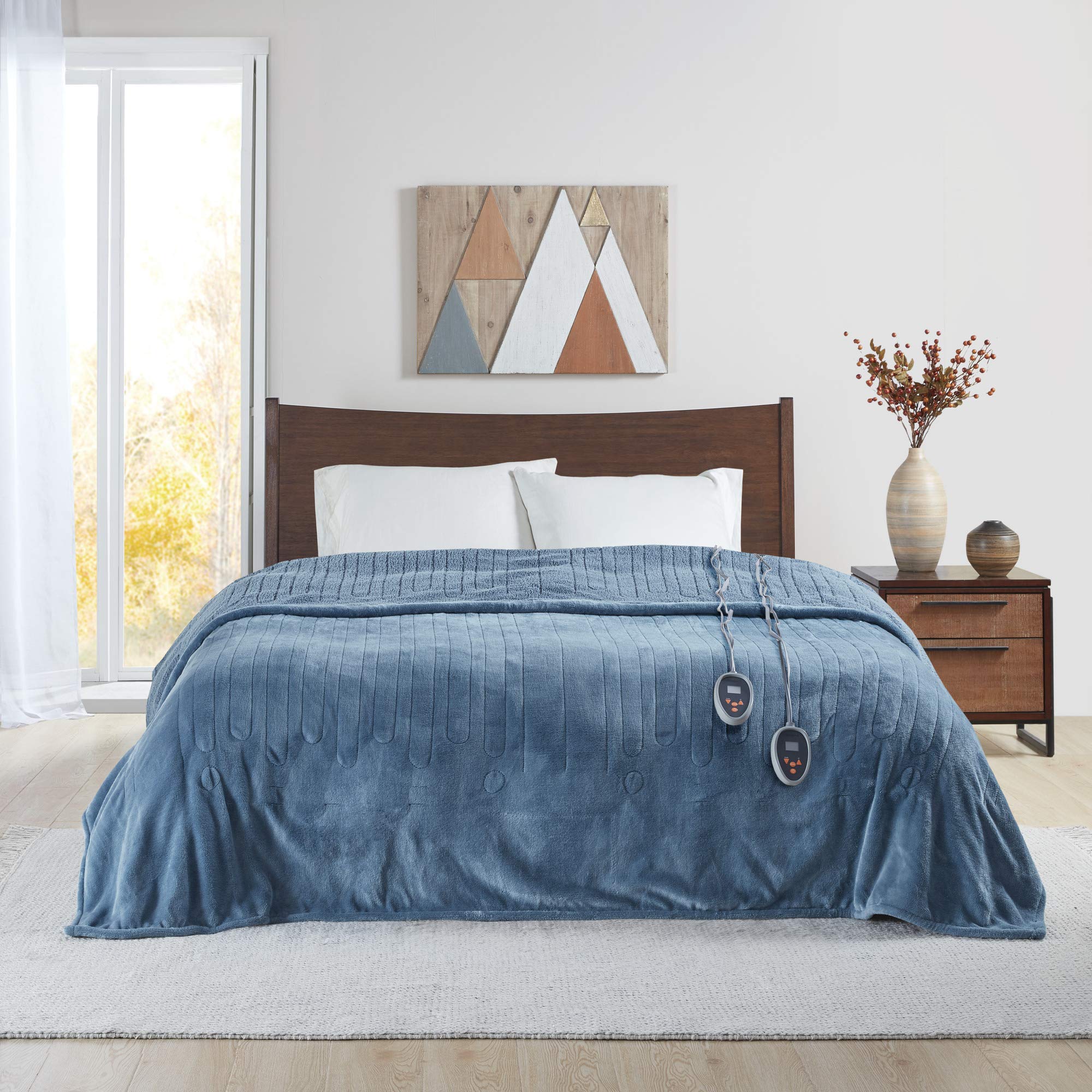 Beautyrest Heated Microlight to Berber Elect Electric Blanket with Two 20 Heat Level Setting Controllers, Full, Blue
