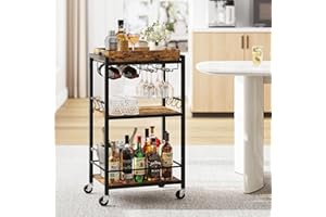 TUTOTAK Bar Cart with Removable Tray, Home Bar Serving Cart, Drink Cart, Mobile Kitchen Shelf with Wine Rack and Glass Holder, Rolling Beverage Cart for Living Room, Kitchen, Brown BC01BB036