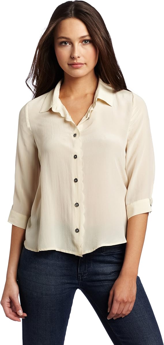 aryn K Women's Scalloped Edge Blouse, Cream, XSmall at Amazon Women’s Clothing store Button