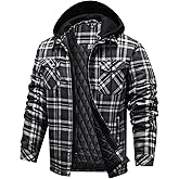 CHEXPEL Flannel Jackets for Men Long Sleeve Plaid Shirt Jacket Quilt Lined Hooded with Button Down Winter Coat