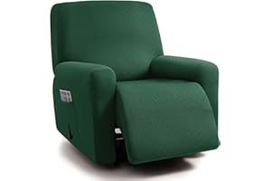 ULTICOR Squared Jacquard Design, 4-Piece, 1 Seat Recliner Cover, Reclining Chair Covers for 1 Cushion Reclining Sofa, Single Seat Recliner Couch Cover, Washable (Recliner Cover, Retro Green)