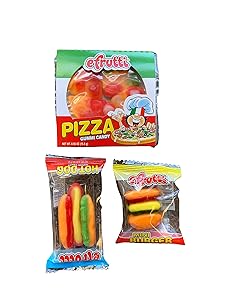 eFrutti Original Mini Gummi Snack Bundle - One Each of Hot Dog 0.32 Oz, Hamburger 0.32 Oz, and Pizza 0.55 Oz (3 Pack, 1 of Each)